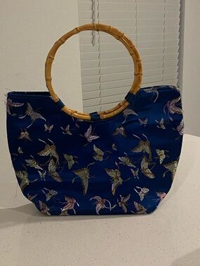 Blue Silk-Style Bamboo Handle Tote Bag